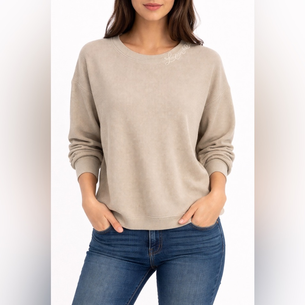 SundryXEvereve Waffle Knit Embroidered Loved Crewneck Top in Off White Sz Medium